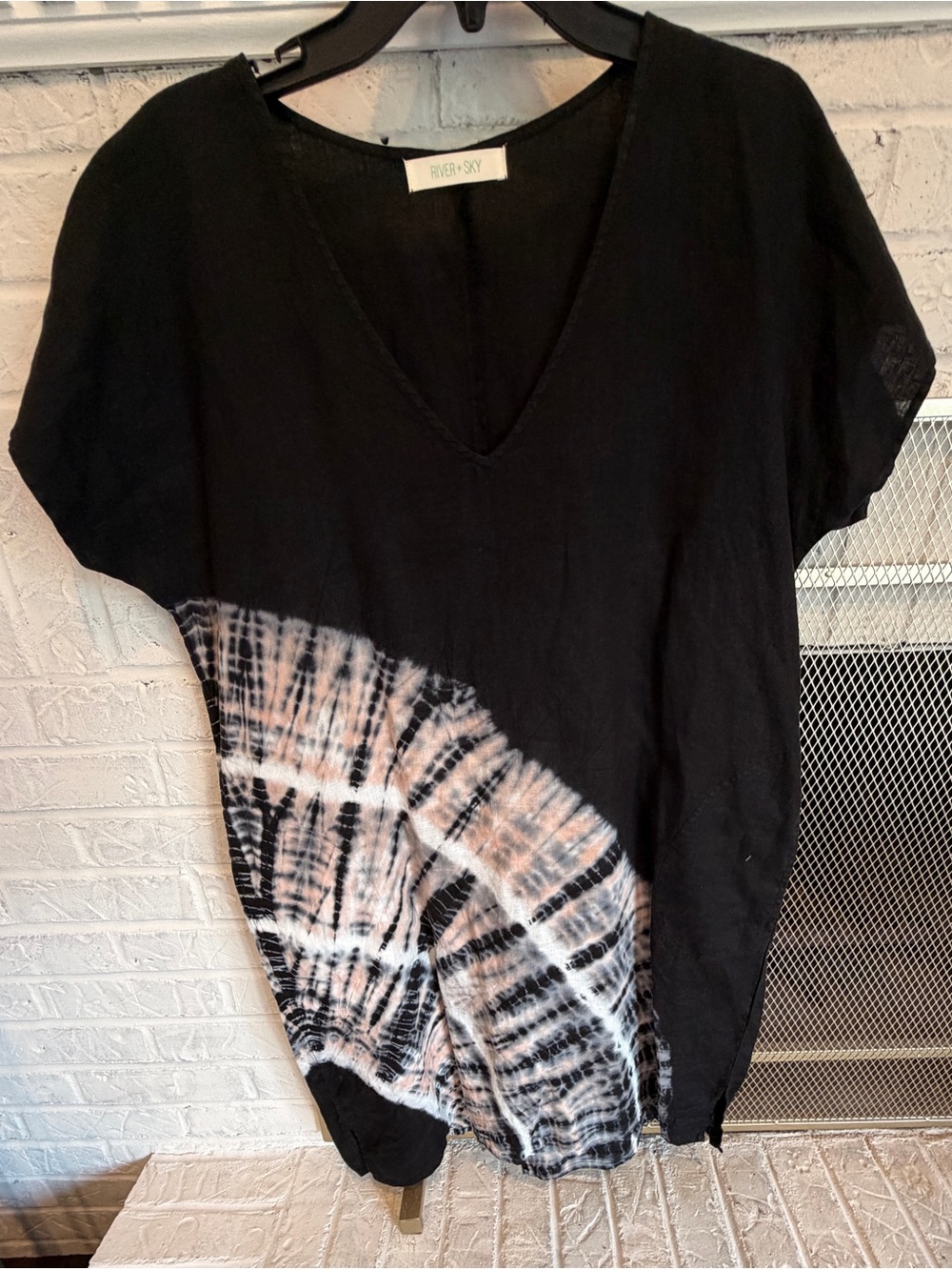 River + Sky Black Short-Sleeve V-Neck Cover Up/Dress with Peach & White Tie-Dye